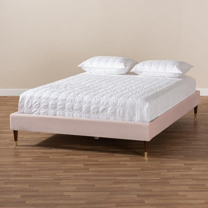 BAXTON STUDIO VOLDEN GLAM AND LUXE LIGHT PINK VELVET FABRIC UPHOLSTERED KING SIZE WOOD PLATFORM BED FRAME WITH GOLD-TONE LEG TIPS