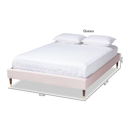 BAXTON STUDIO VOLDEN GLAM AND LUXE LIGHT PINK VELVET FABRIC UPHOLSTERED KING SIZE WOOD PLATFORM BED FRAME WITH GOLD-TONE LEG TIPS