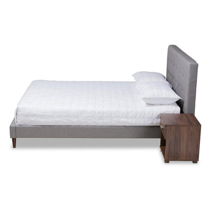 BAXTON STUDIO MAREN MID-CENTURY MODERN LIGHT GREY FABRIC UPHOLSTERED QUEEN SIZE PLATFORM BED WITH TWO NIGHTSTANDS