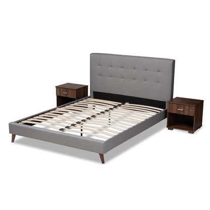 BAXTON STUDIO MAREN MID-CENTURY MODERN LIGHT GREY FABRIC UPHOLSTERED QUEEN SIZE PLATFORM BED WITH TWO NIGHTSTANDS