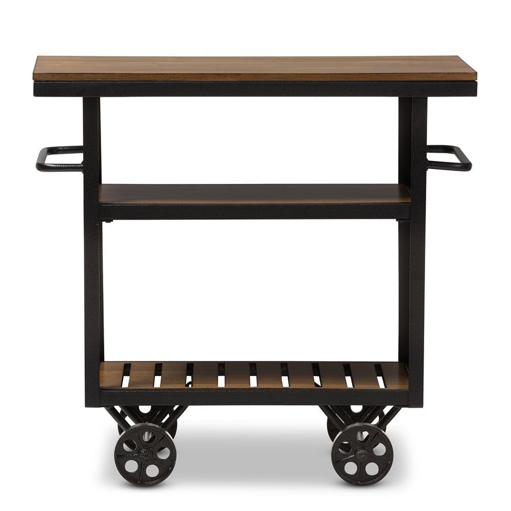 BAXTON STUDIO KENNEDY RUSTIC INDUSTRIAL STYLE ANTIQUE BLACK TEXTURED FINISHED METAL DISTRESSED WOOD MOBILE SERVING CART