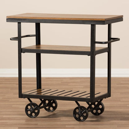 BAXTON STUDIO KENNEDY RUSTIC INDUSTRIAL STYLE ANTIQUE BLACK TEXTURED FINISHED METAL DISTRESSED WOOD MOBILE SERVING CART