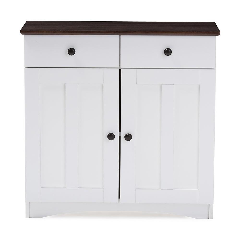 BAXTON STUDIO LAUREN MODERN AND CONTEMPORARY TWO-TONE WHITE AND DARK BROWN BUFFET KITCHEN CABINET WITH TWO DOORS AND TWO DRAWERS