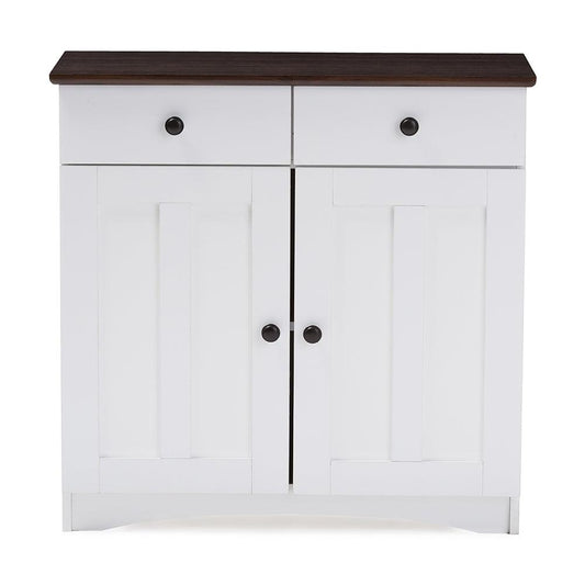 BAXTON STUDIO LAUREN MODERN AND CONTEMPORARY TWO-TONE WHITE AND DARK BROWN BUFFET KITCHEN CABINET WITH TWO DOORS AND TWO DRAWERS