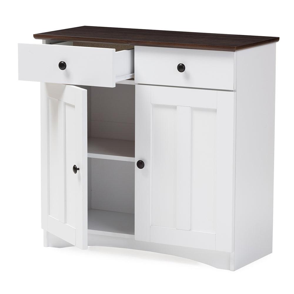 BAXTON STUDIO LAUREN MODERN AND CONTEMPORARY TWO-TONE WHITE AND DARK BROWN BUFFET KITCHEN CABINET WITH TWO DOORS AND TWO DRAWERS