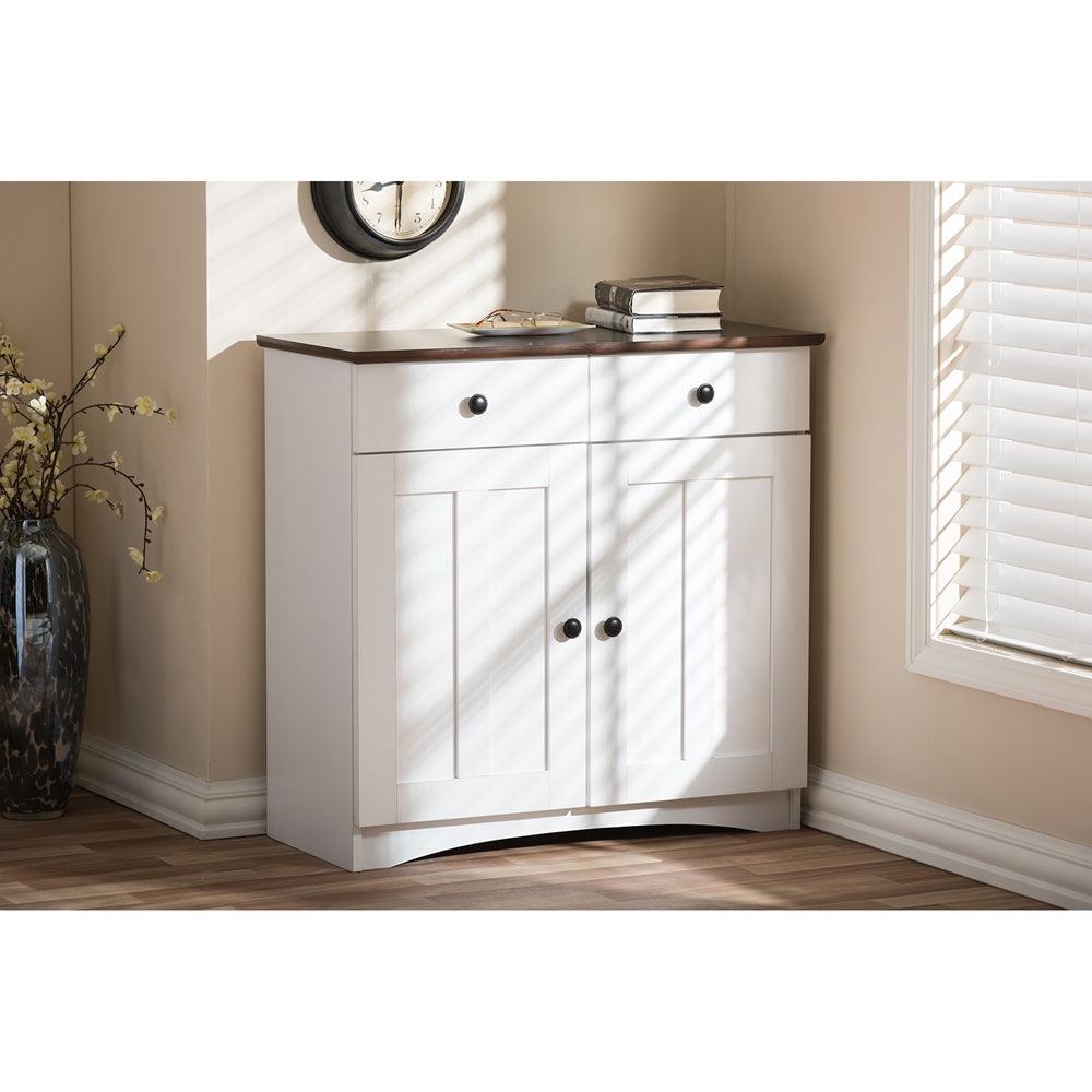 BAXTON STUDIO LAUREN MODERN AND CONTEMPORARY TWO-TONE WHITE AND DARK BROWN BUFFET KITCHEN CABINET WITH TWO DOORS AND TWO DRAWERS