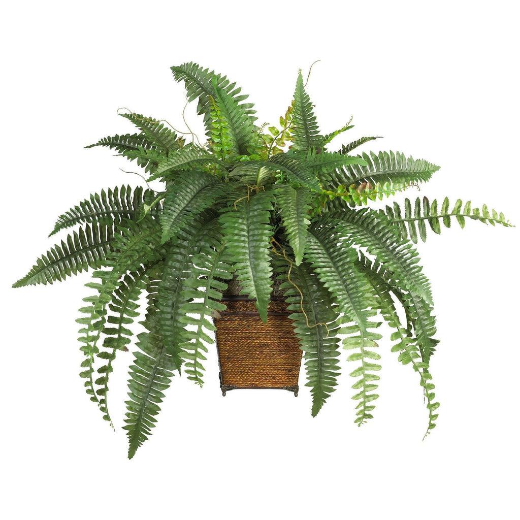 Boston Fern w/Wood Wicker Basket Silk Plant