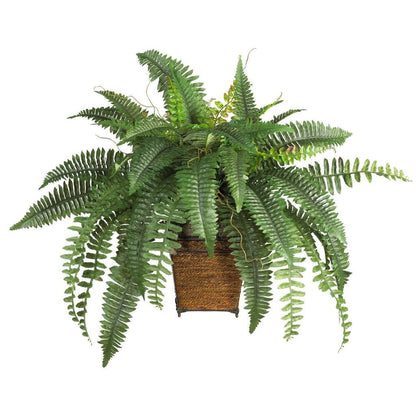 Boston Fern w/Wood Wicker Basket Silk Plant